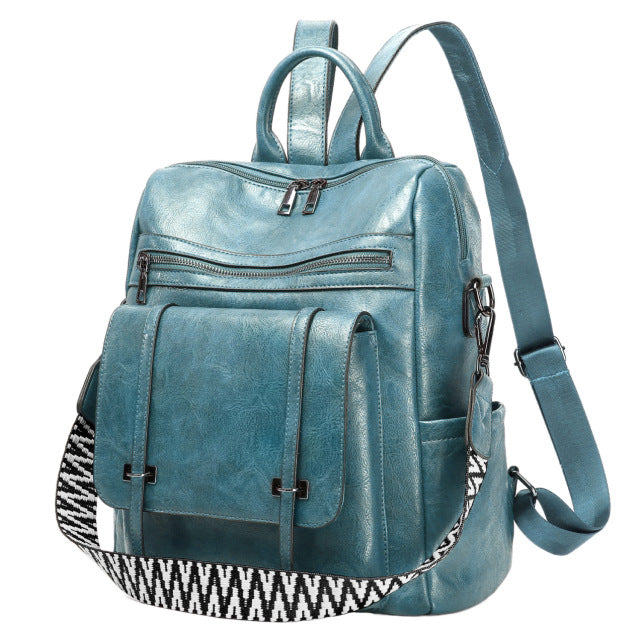 Blue & Grey Retro Soft PU Leather Backpack for Women - Water-Resistant Large Capacity Travel Rucksack with Dual Detachable Straps