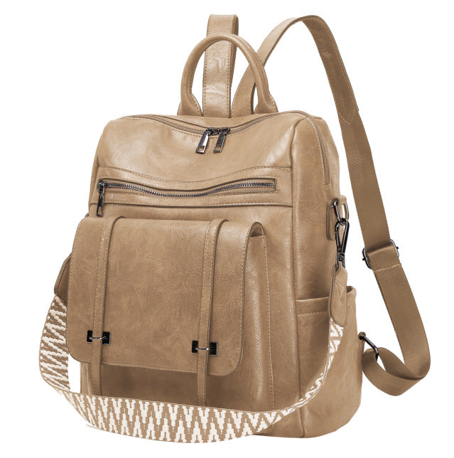 Khaki Retro Soft PU Leather Backpack for Women - Water-Resistant Large Capacity Travel Rucksack with Dual Detachable Straps