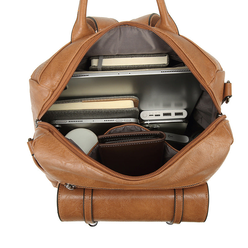 Khaki Retro Soft PU Leather Backpack for Women - Water-Resistant Large Capacity Travel Rucksack with Dual Detachable Straps