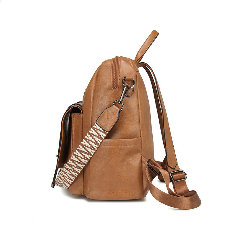 Khaki Retro Soft PU Leather Backpack for Women - Water-Resistant Large Capacity Travel Rucksack with Dual Detachable Straps