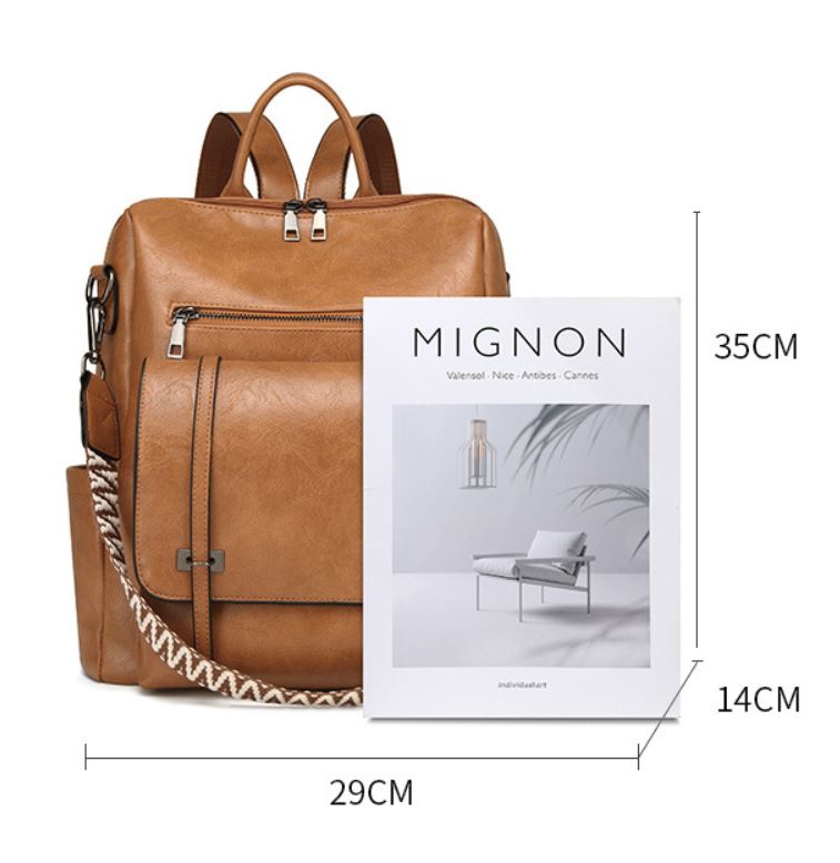 Khaki Retro Soft PU Leather Backpack for Women - Water-Resistant Large Capacity Travel Rucksack with Dual Detachable Straps