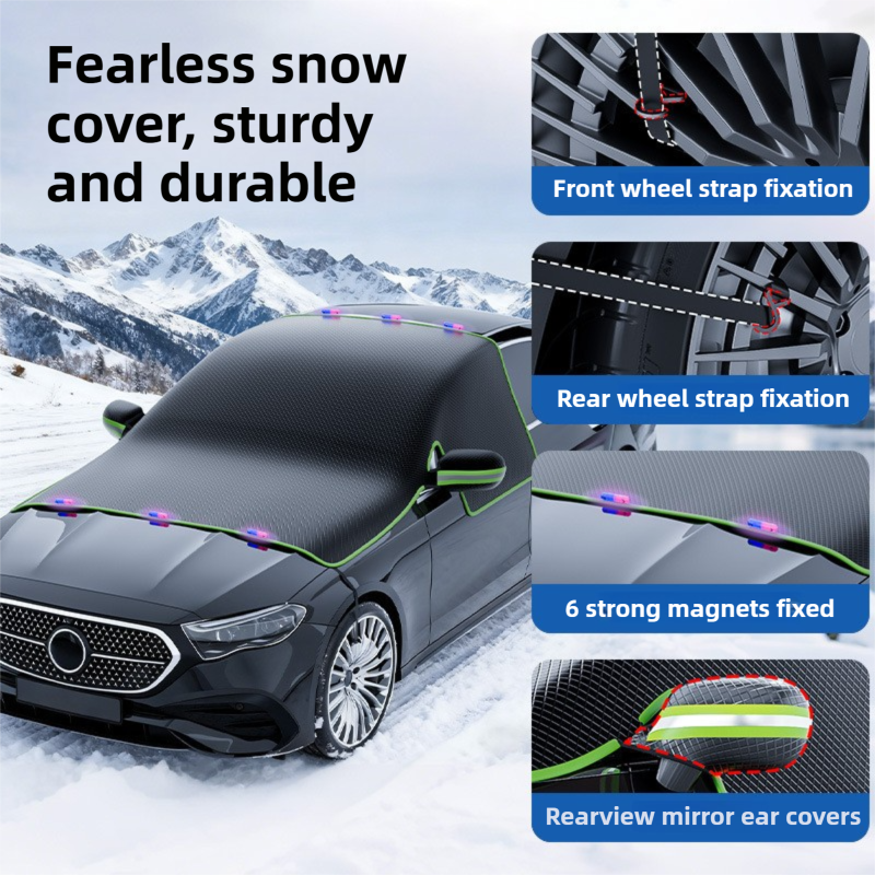 Black-Green Magnetic Car Windshield Protector with 6 Magnets & 4 Secure Straps and Reflective Safety Strips - Durable Frost & Ice Cover for All-Weather Protection (Sun, Rain, Snow, Dust)