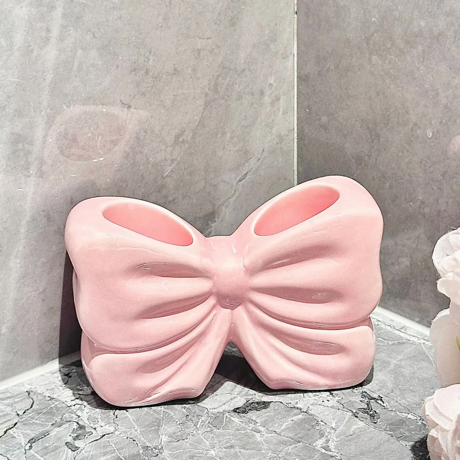 Pink Chic Bowknot 2-Slot Toothbrush Holder - Resin Retro Cute Desktop Decorative Stand