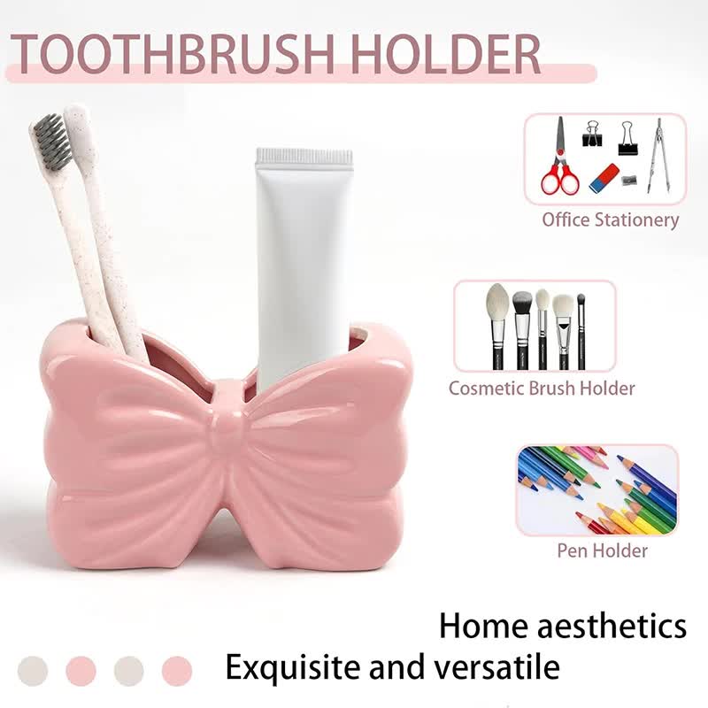 Pink Chic Bowknot 2-Slot Toothbrush Holder - Resin Retro Cute Desktop Decorative Stand