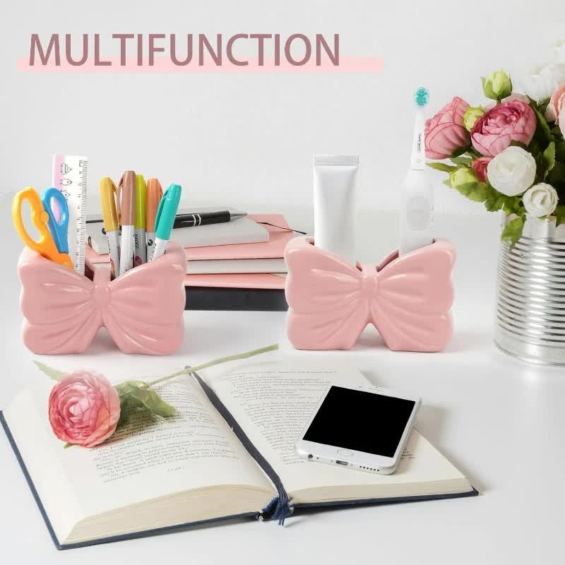 Pink Chic Bowknot 2-Slot Toothbrush Holder - Resin Retro Cute Desktop Decorative Stand