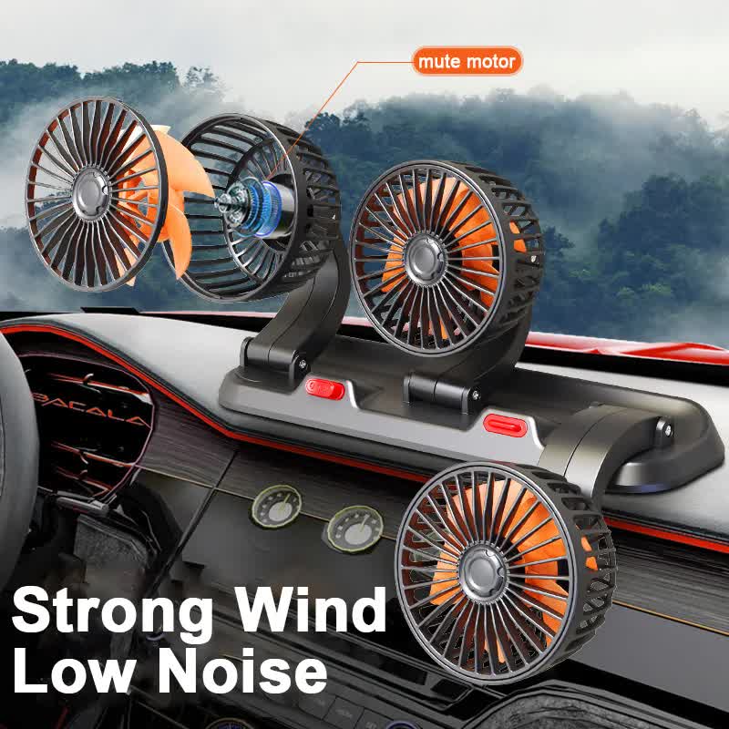 3-in-1 Powerful Car Dual Head Fan (USB Power) - Quiet Cooling Fan Integrated Aromatherapy & Number Plate, with 360° Rotation & 130cm Long Cord