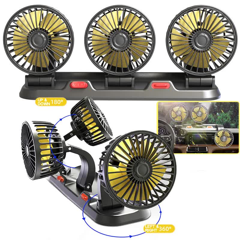3-in-1 Powerful Car Dual Head Fan (USB Power) - Quiet Cooling Fan Integrated Aromatherapy & Number Plate, with 360° Rotation & 130cm Long Cord