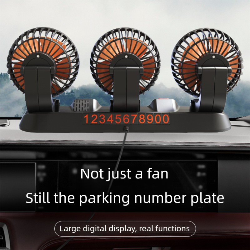 3-in-1 Powerful Car Triple Head Fan (24V Lighter Power) - Quiet Cooling Fan Integrated Aromatherapy & Number Plate, with 360° Rotation & 130cm Long Cord