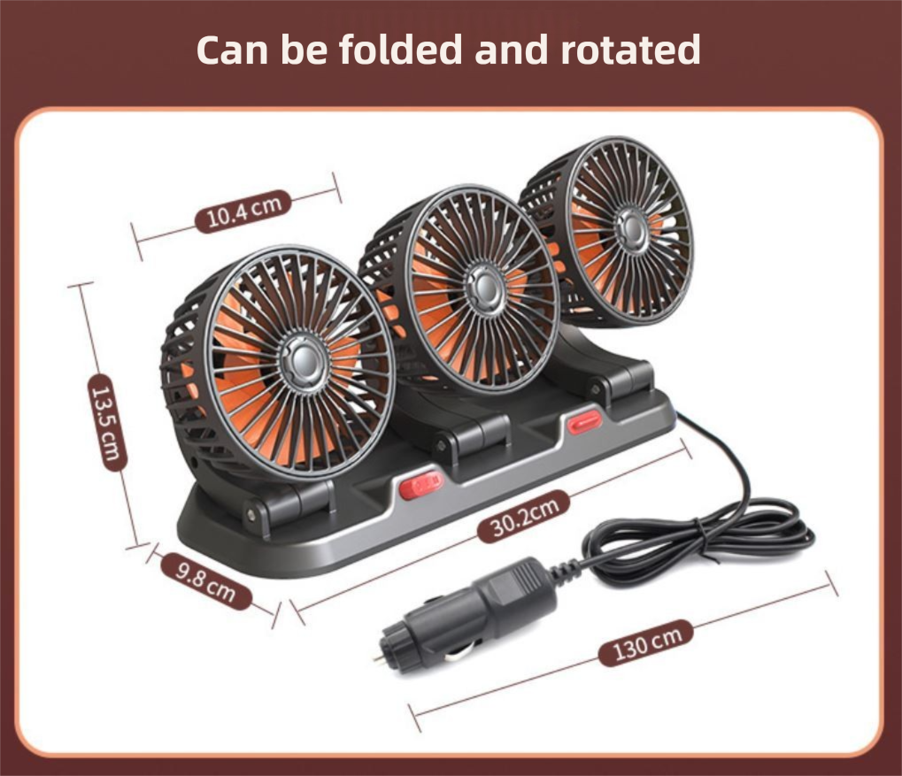 3-in-1 Powerful Car Triple Head Fan (24V Lighter Power) - Quiet Cooling Fan Integrated Aromatherapy & Number Plate, with 360° Rotation & 130cm Long Cord