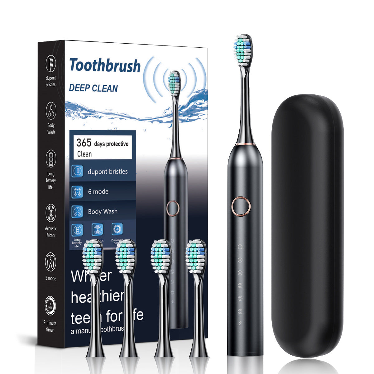 Black Smart Sonic Electric Toothbrush Kit with 4 Heads & Travel Case - 6 X Cleaning Modes and High-Frequency Vibration with Soft Protective Bristles
