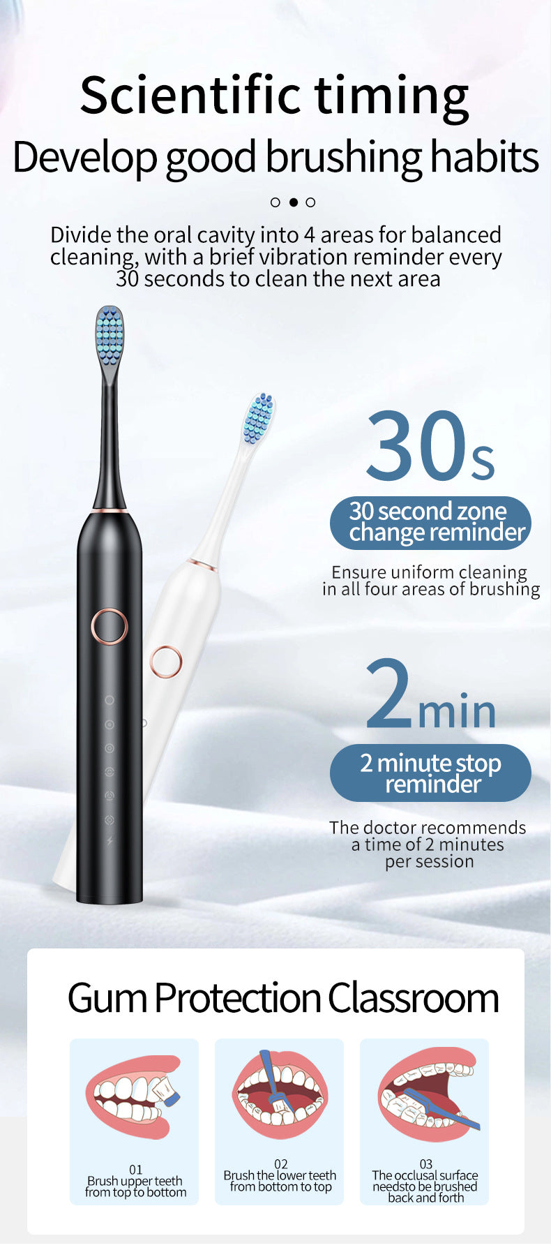 Black Smart Sonic Electric Toothbrush Kit with 4 Heads & Travel Case - 6 X Cleaning Modes and High-Frequency Vibration with Soft Protective Bristles