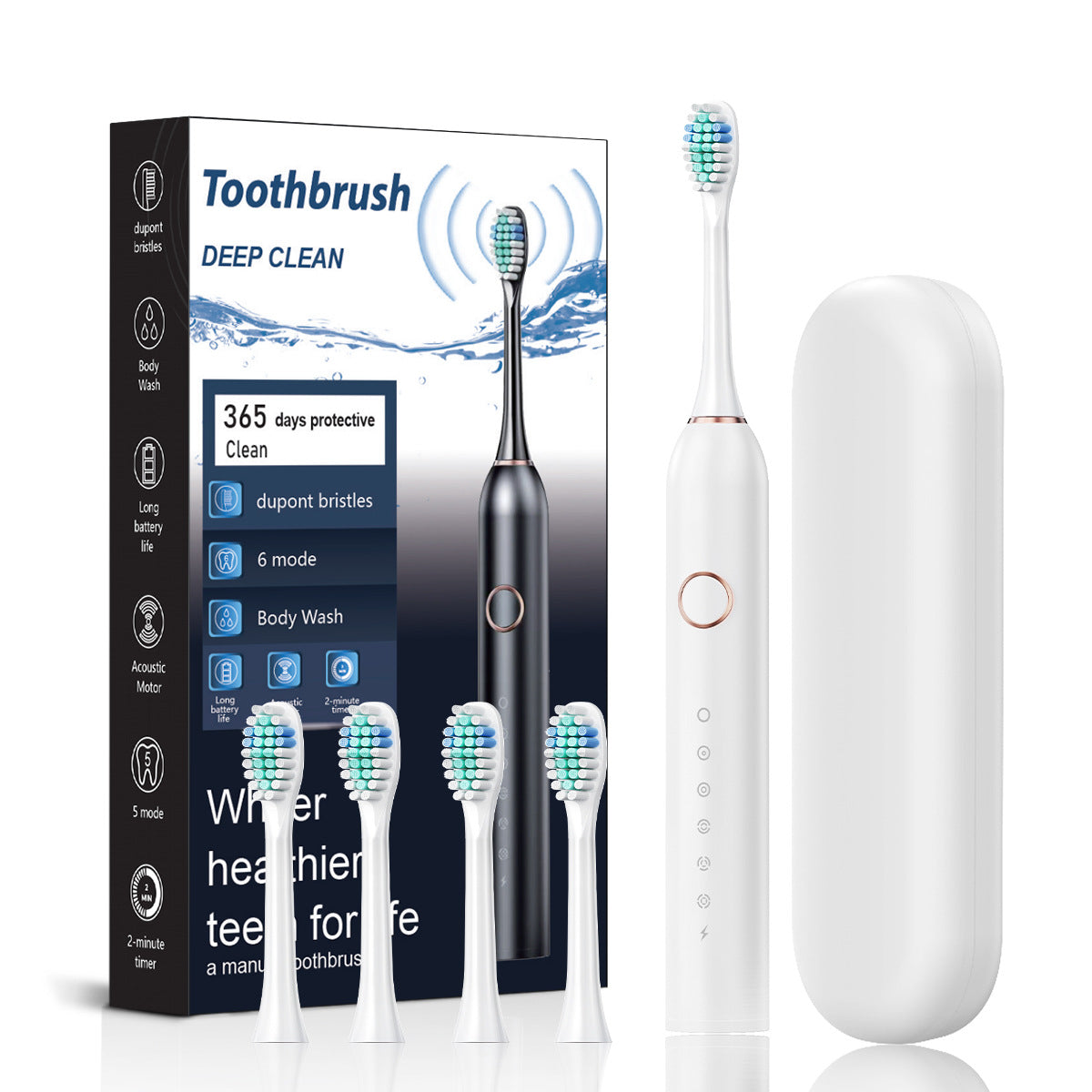 White Smart Sonic Electric Toothbrush Kit with 4 Heads &amp; Travel Case - 6 X Cleaning Modes and High-Frequency Vibration with Soft Protective Bristles