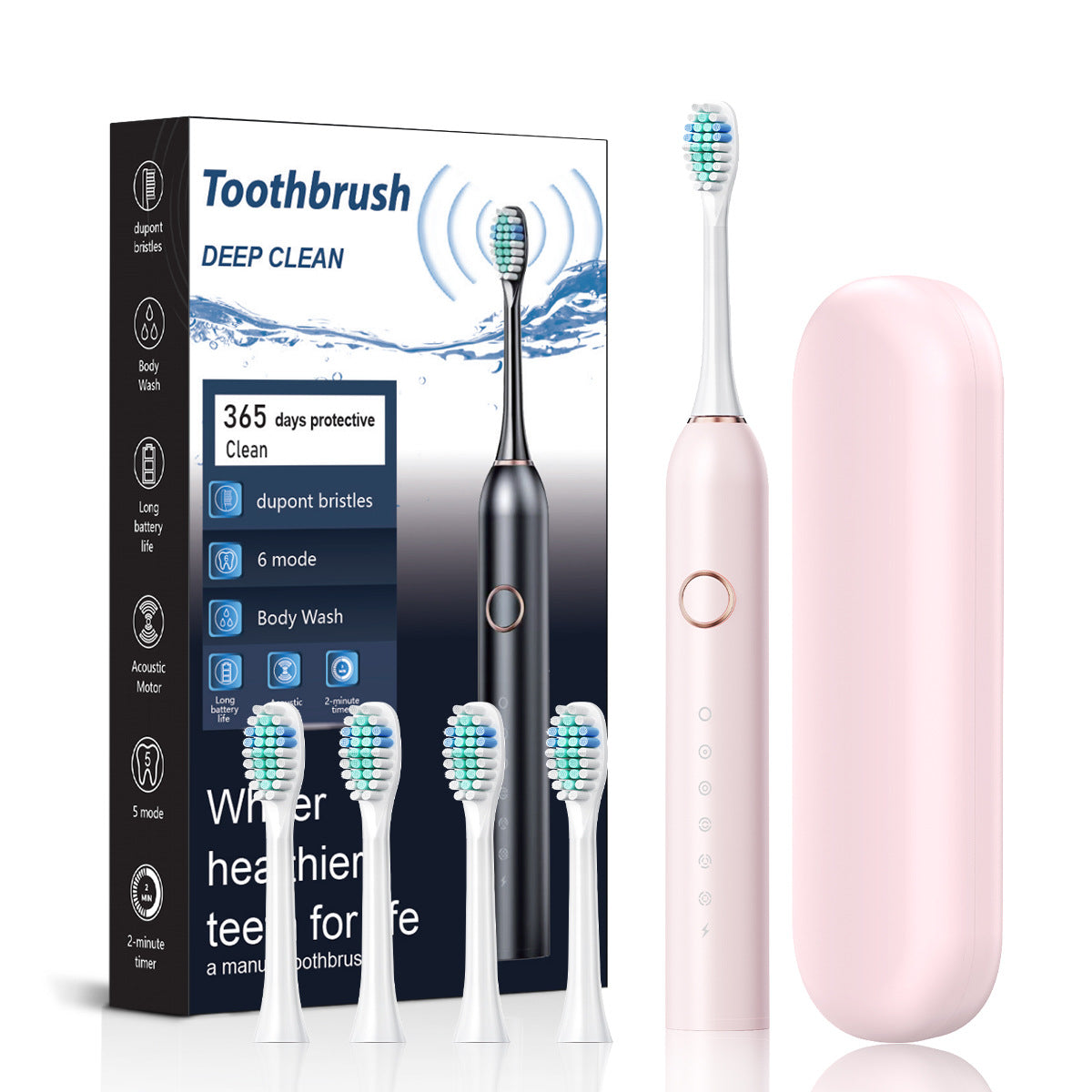 Pink Smart Sonic Electric Toothbrush Kit with 4 Heads &amp; Travel Case - 6 X Cleaning Modes and High-Frequency Vibration with Soft Protective Bristles