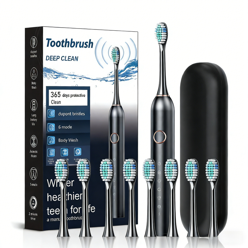 Black Smart Sonic Electric Toothbrush Kit with 8 Heads &amp; Travel Case - 6 X Cleaning Modes and High-Frequency Vibration with Soft Protective Bristles