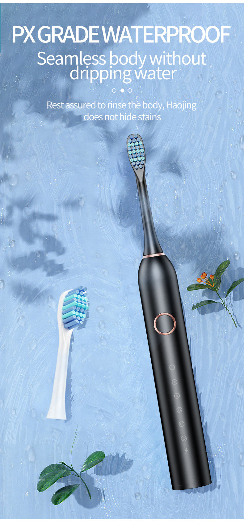 Black Smart Sonic Electric Toothbrush Kit with 8 Heads & Travel Case - 6 X Cleaning Modes and High-Frequency Vibration with Soft Protective Bristles