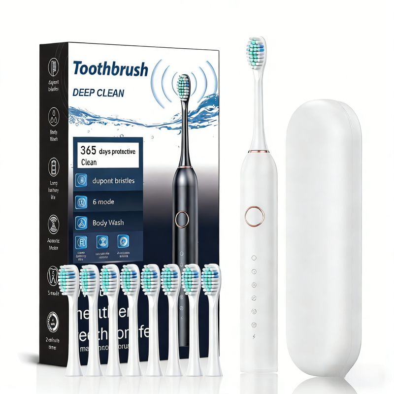 White Smart Sonic Electric Toothbrush Kit with 8 Heads & Travel Case - 6 X Cleaning Modes and High-Frequency Vibration with Soft Protective Bristles