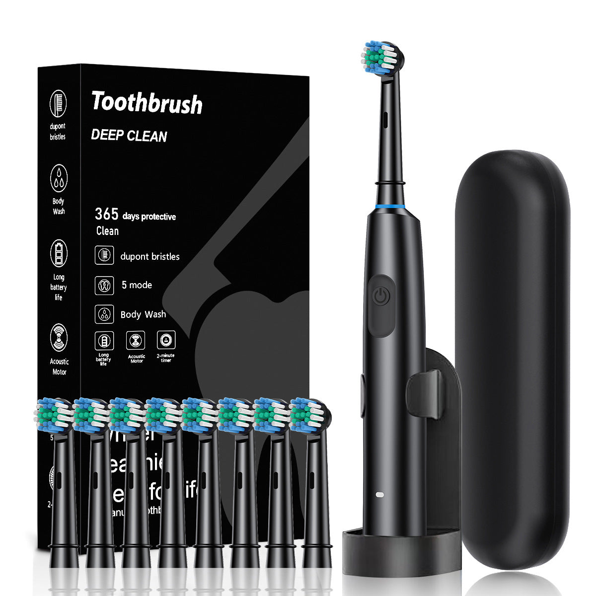 Black Rotating Round Head Electric Toothbrush Kit with 8 Heads, Case &amp; Stand - 3D Oscillating Mechanical Cleaning for Deep Plaque Removal