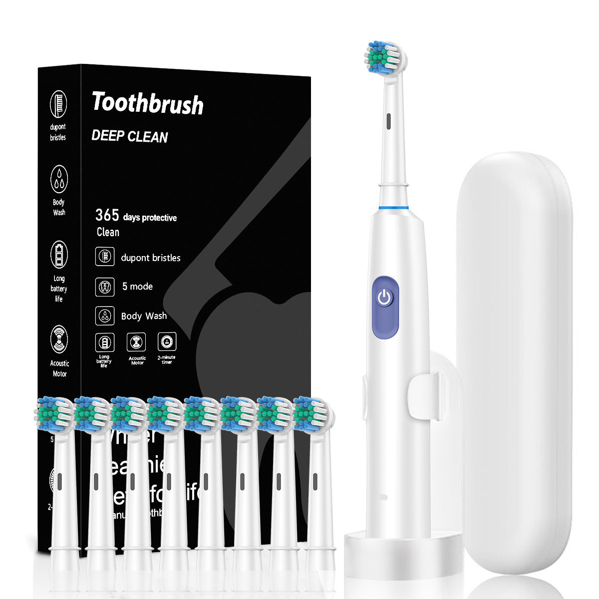 White Rotating Round Head Electric Toothbrush Kit with 8 Heads, Case &amp; Stand - 3D Oscillating Mechanical Cleaning for Deep Plaque Removal