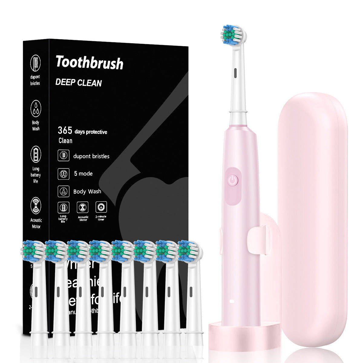 Pink Rotating Round Head Electric Toothbrush Kit with 8 Heads, Case &amp; Stand - 3D Oscillating Mechanical Cleaning for Deep Plaque Removal