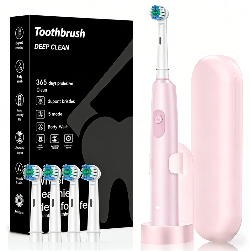 Pink Rotating Round Head Electric Toothbrush Kit with 4 Heads, Case &amp; Stand - 3D Oscillating Mechanical Cleaning for Deep Plaque Removal