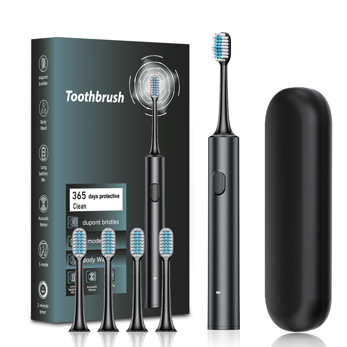 Black Sonic Electric Toothbrush Kit with 5 Cleaning Modes, 4 Heads & Travel Case - Smart Timer & Quad-Pacer, Soft Double-Arc Bristles and 120-Day Long Battery Life
