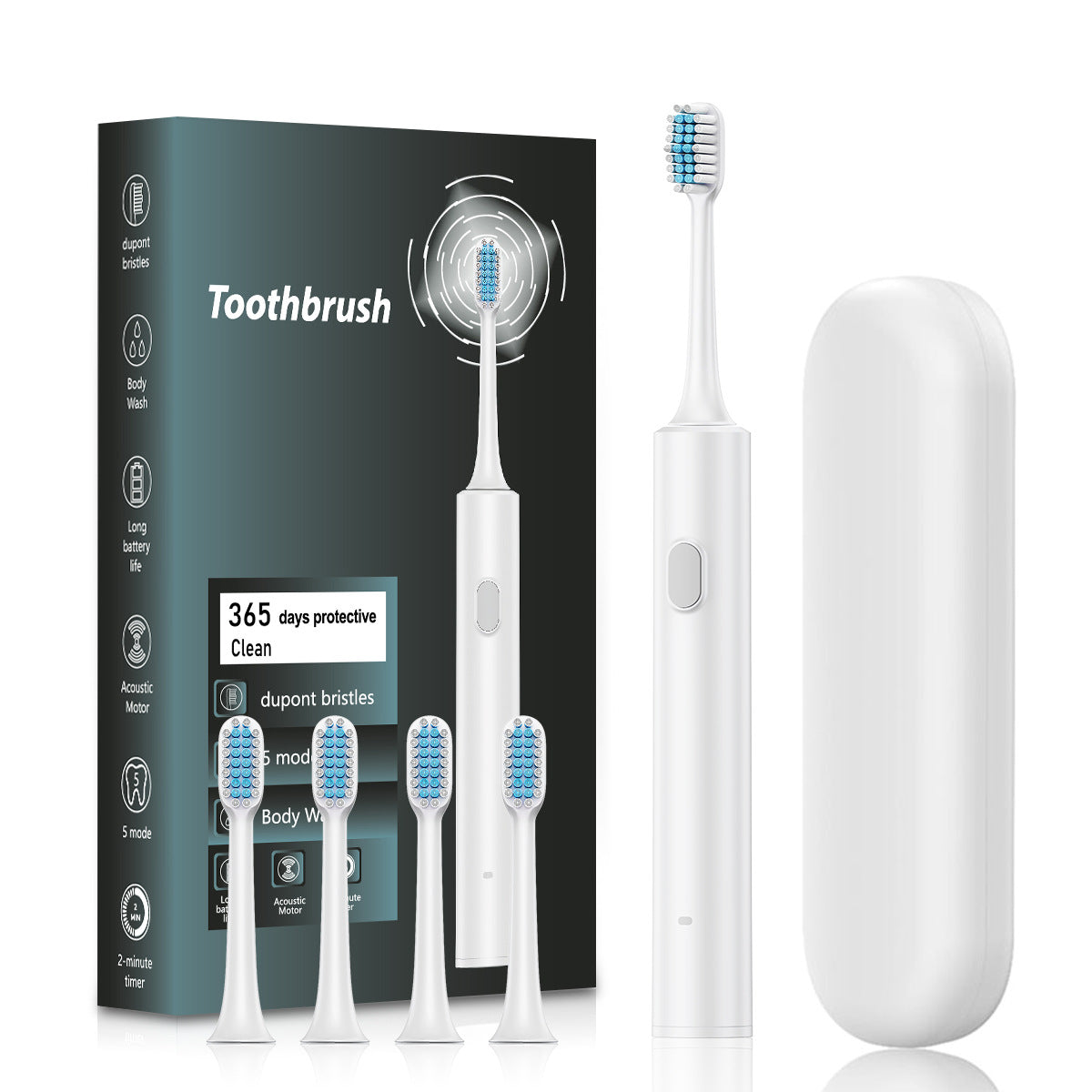 White Sonic Electric Toothbrush Kit with 5 Cleaning Modes, 4 Heads &amp; Travel Case - Smart Timer &amp; Quad-Pacer, Soft Double-Arc Bristles and 120-Day Long Battery Life
