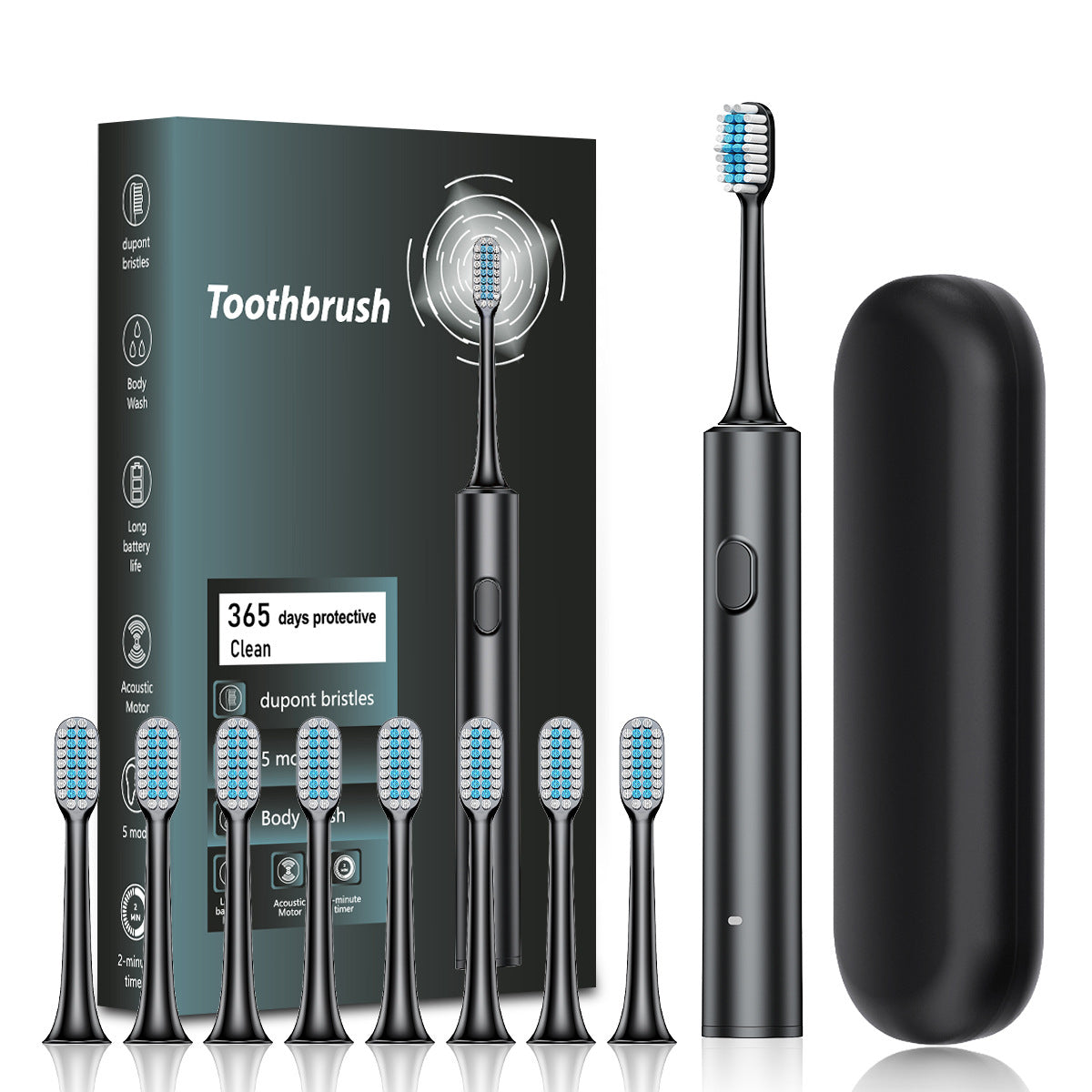 Black Sonic Electric Toothbrush Kit with 5 Cleaning Modes, 8 Heads & Travel Case - Smart Timer & Quad-Pacer, Soft Double-Arc Bristles and 120-Day Long Battery Life