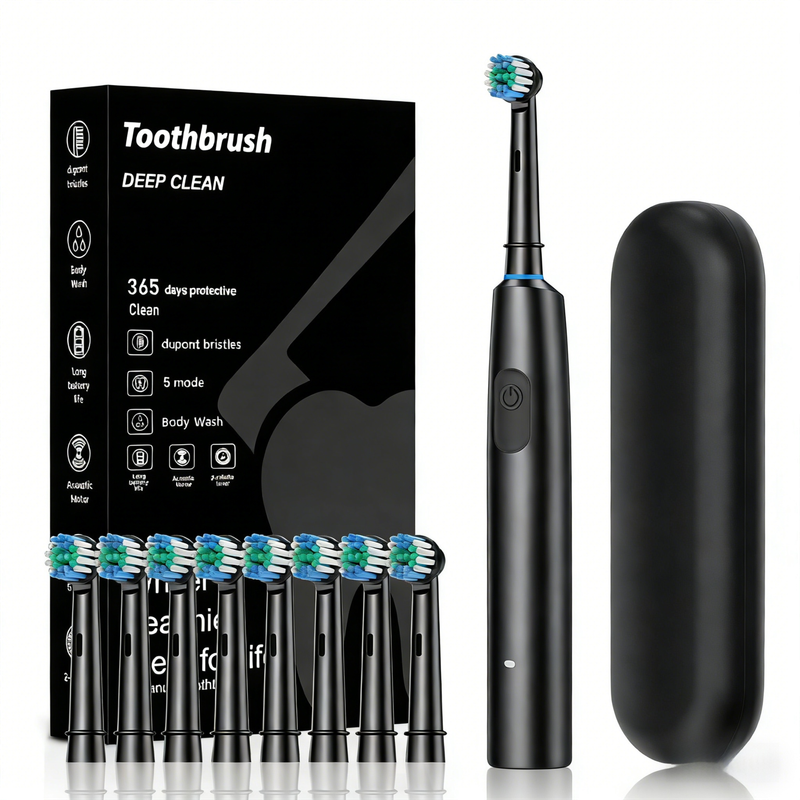 Black Rotating Round Head Electric Toothbrush Kit with 8 Heads & Case - 3D Oscillating Mechanical Cleaning for Deep Plaque Removal