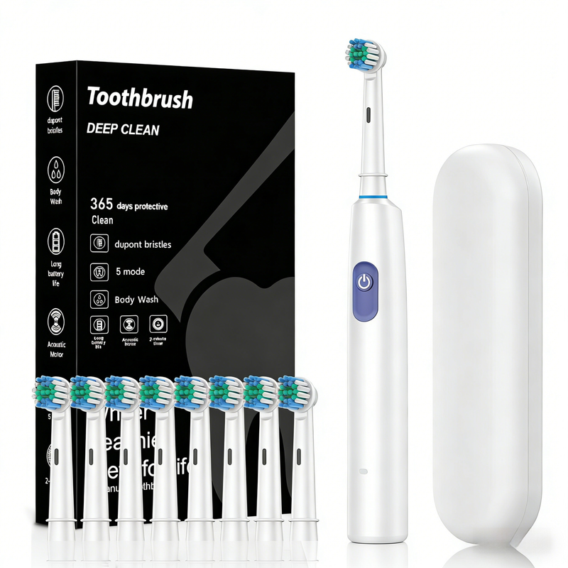 White Rotating Round Head Electric Toothbrush Kit with 8 Heads &amp; Case - 3D Oscillating Mechanical Cleaning for Deep Plaque Removal