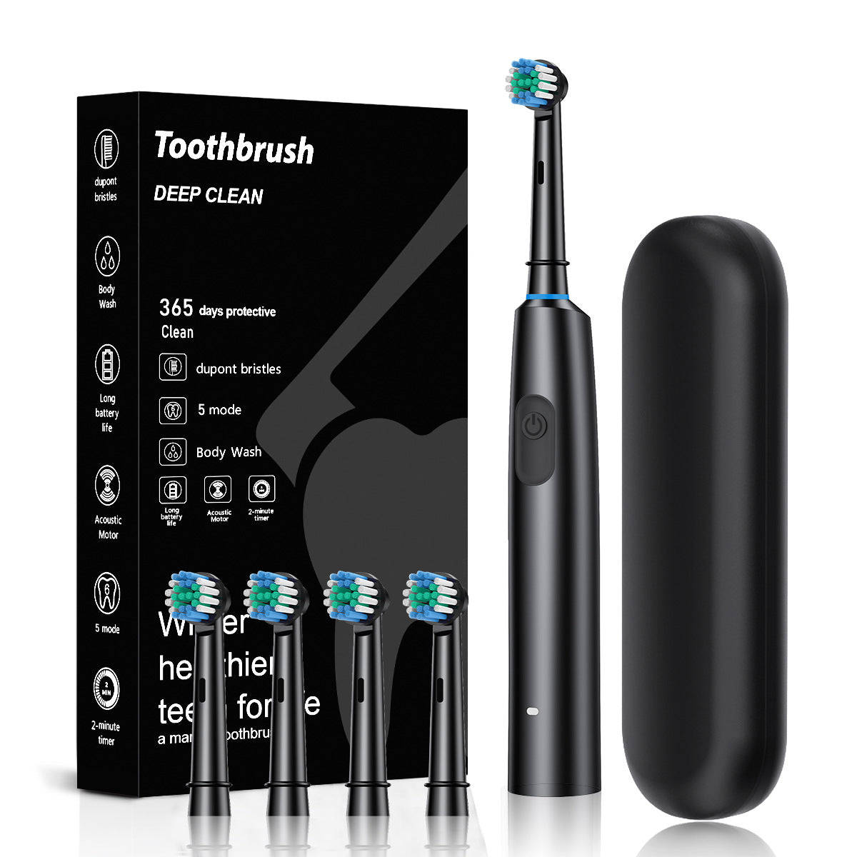 Black Rotating Round Head Electric Toothbrush Kit with 4 Heads &amp; Case - 3D Oscillating Mechanical Cleaning for Deep Plaque Removal