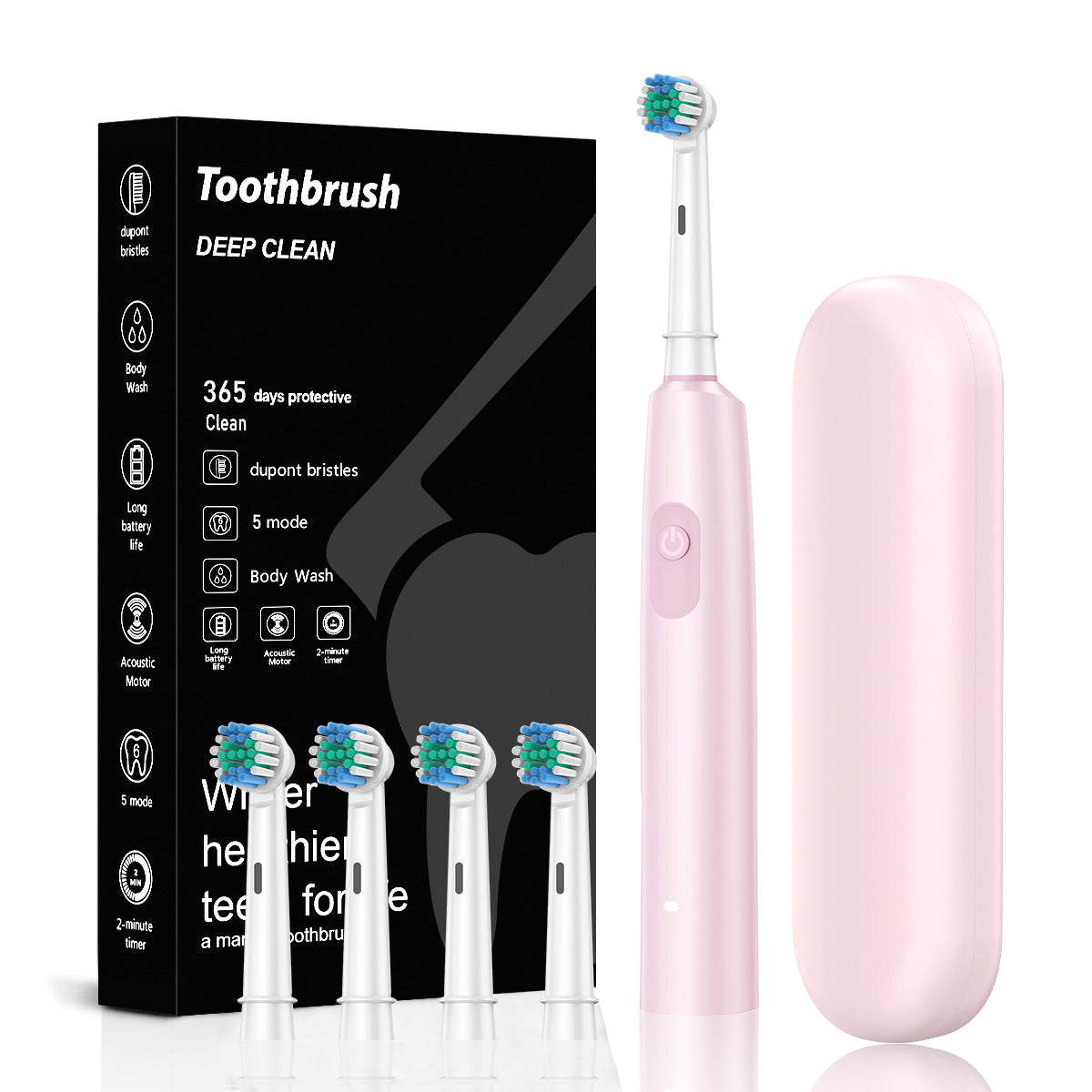 Pink Rotating Round Head Electric Toothbrush Kit with 4 Heads &amp; Case - 3D Oscillating Mechanical Cleaning for Deep Plaque Removal