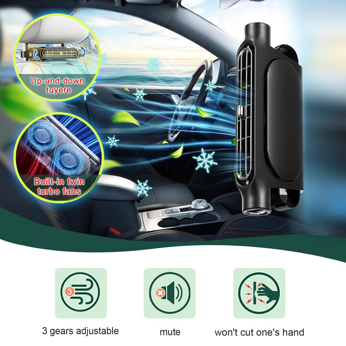 Black Cordless Dual-Turbo Car Seat Cooling Fan with Velcro Mount - Powerful 3-Speed Backrest Ventilation, Adjustable Airflow Angle & Hair-Safe Design