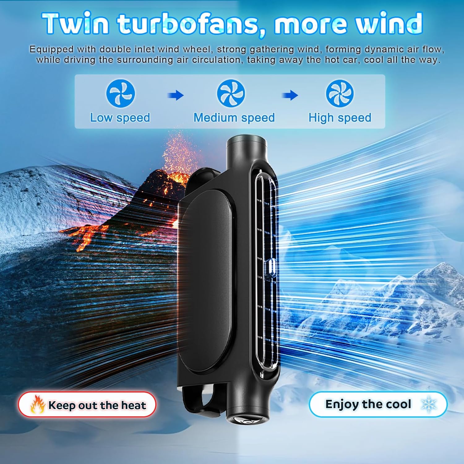Black Cordless Dual-Turbo Car Seat Cooling Fan with Velcro Mount - Powerful 3-Speed Backrest Ventilation, Adjustable Airflow Angle & Hair-Safe Design
