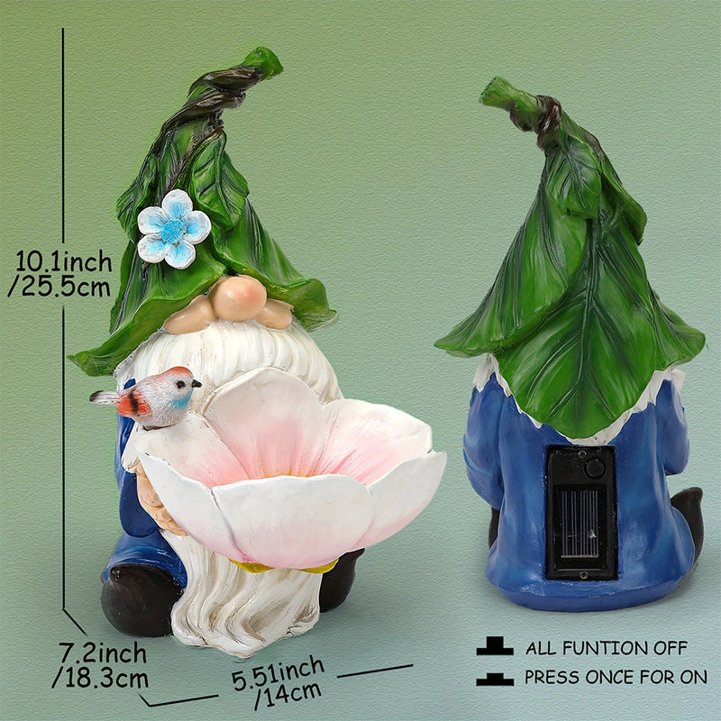 Solar Powered Garden Gnome Bird Feeder with Dual LED Lights - Automatic Night Illumination, Weather-Resistant Resin Statue