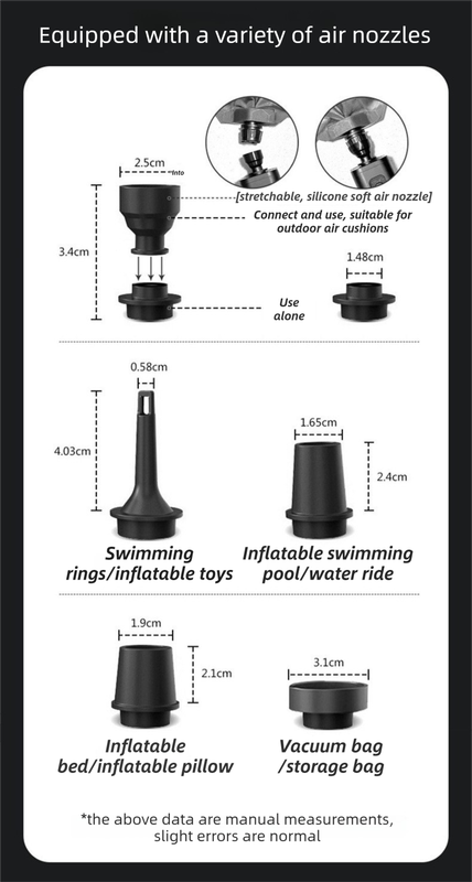 Black Wireless Rechargeable Vacuum Pump with 5 Versatile Nozzles and LED - 2-in-1 Compact High-Suction Inflator & Deflator for Travel & Home
