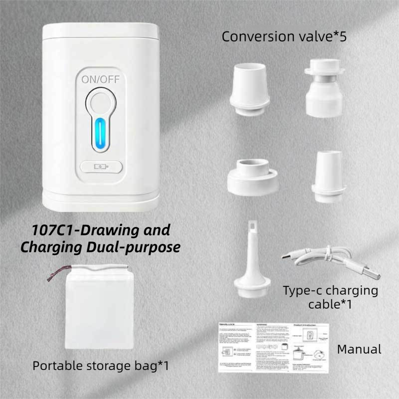 White Wireless Rechargeable Vacuum Pump with 5 Versatile Nozzles - 2-in-1 Compact High-Suction Inflator &amp; Deflator for Travel &amp; Home
