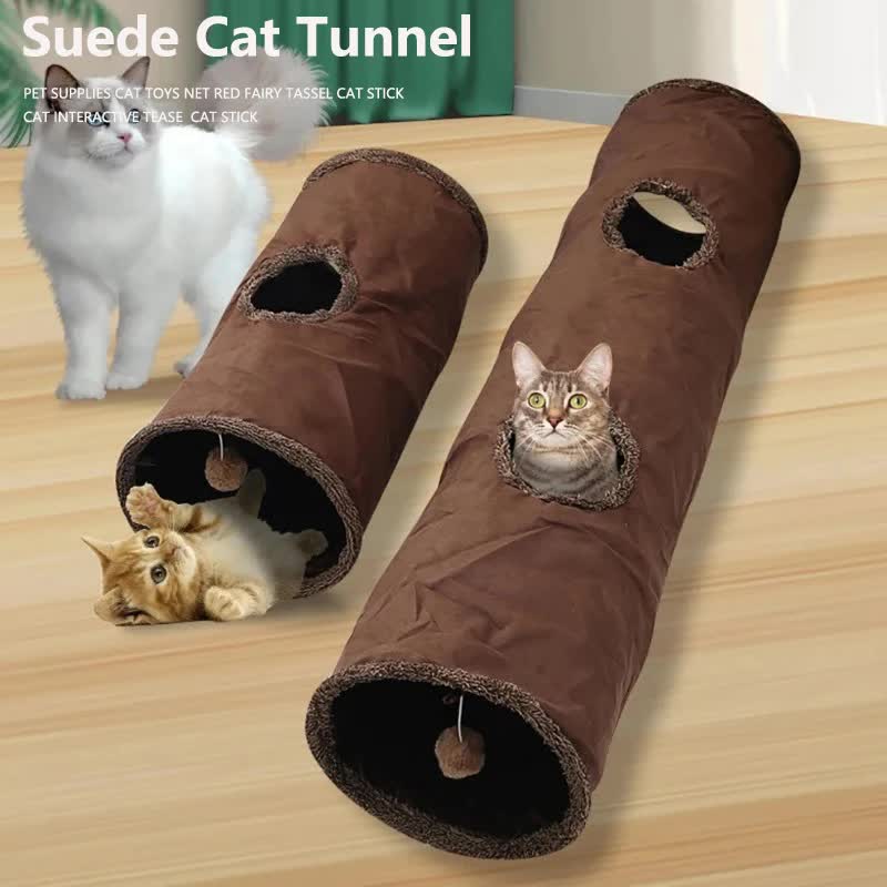 30X130CM Grey Durable Suede Foldable Cat Tunnel - Interactive Multi-Sensory Play Tube with Crinkle Paper & Plush Interior, plush ball and Steel Frame