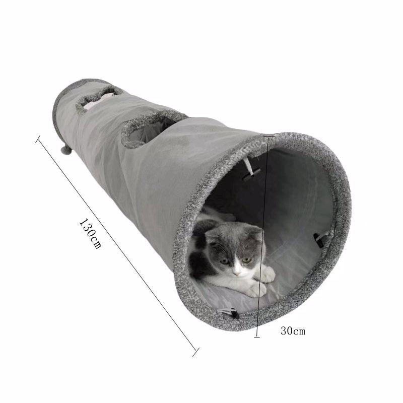 30X130CM Grey Durable Suede Foldable Cat Tunnel - Interactive Multi-Sensory Play Tube with Crinkle Paper & Plush Interior, plush ball and Steel Frame