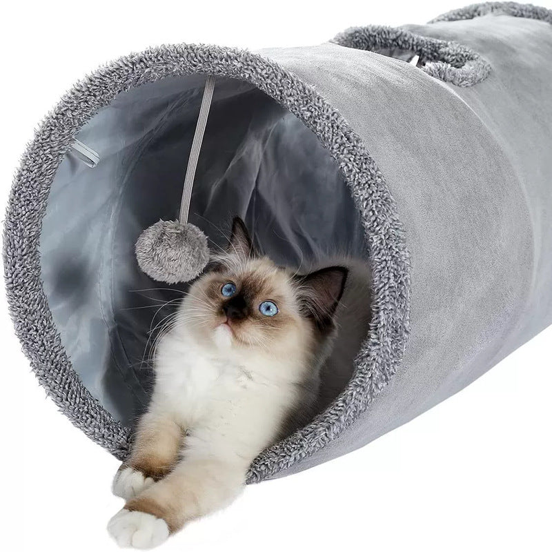 30X67CM Brown Durable Suede Foldable Cat Tunnel - Interactive Multi-Sensory Play Tube with Crinkle Paper & Plush Interior, plush ball and Steel Frame