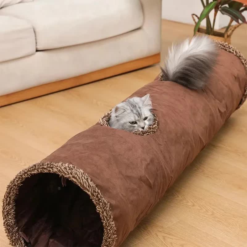 30X130CM Brown Durable Suede Foldable Cat Tunnel - Interactive Multi-Sensory Play Tube with Crinkle Paper &amp; Plush Interior, plush ball and Steel Frame