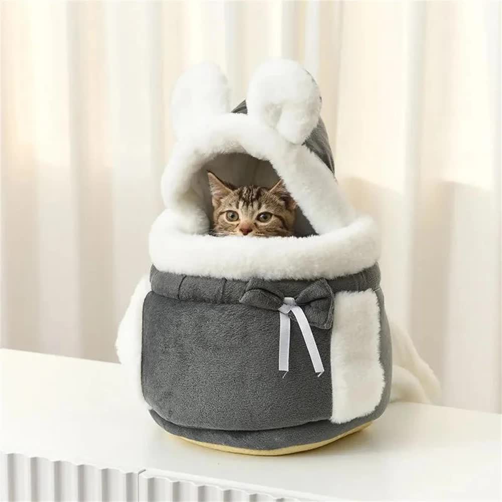 Grey 2-in-1 Ultra-Soft Plush Pet Carrier & Mobile Bed - Portable & Lightweight Cute Rabbit Ear Design Travel Cabin (M 25 x 25 x 20.5CM)
