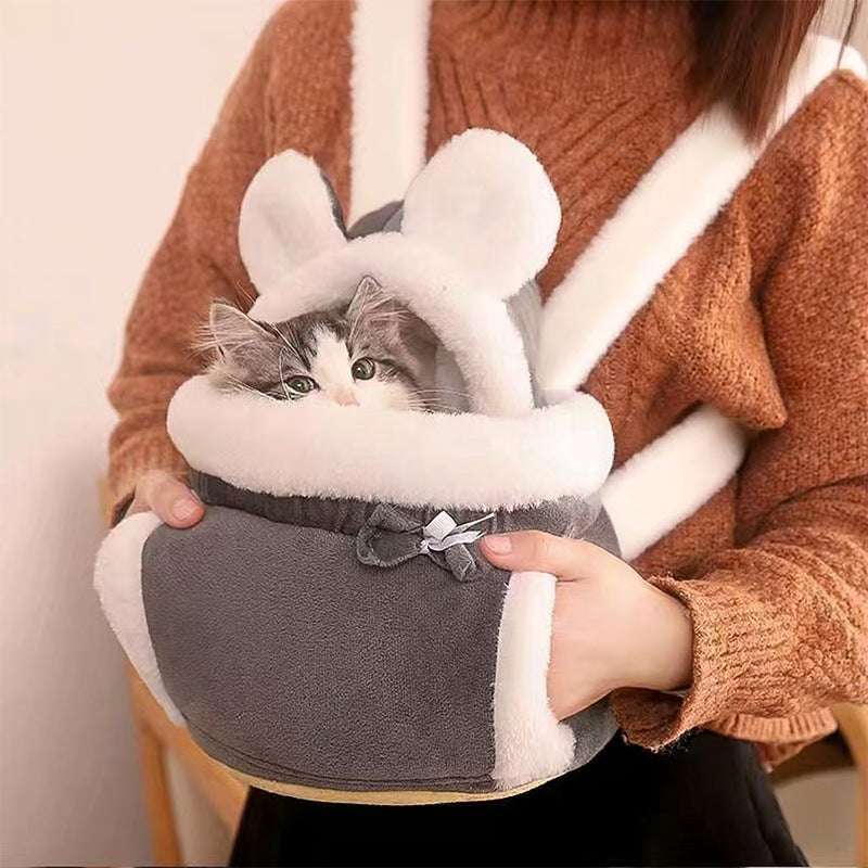 Grey 2-in-1 Ultra-Soft Plush Pet Carrier &amp; Mobile Bed - Portable &amp; Lightweight Cute Rabbit Ear Design Travel Cabin (L 33 x 25 x 27CM)