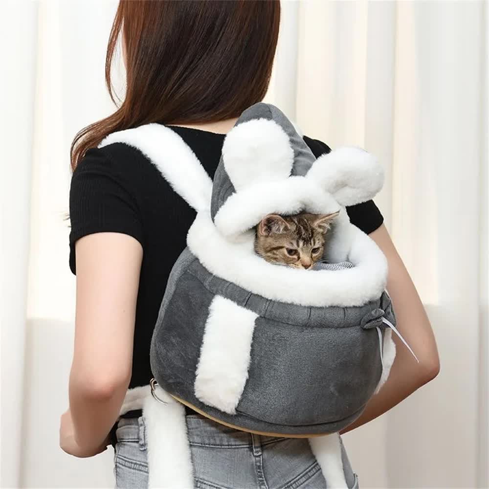 Grey 2-in-1 Ultra-Soft Plush Pet Carrier & Mobile Bed - Portable & Lightweight Cute Rabbit Ear Design Travel Cabin (L 33 x 25 x 27CM)
