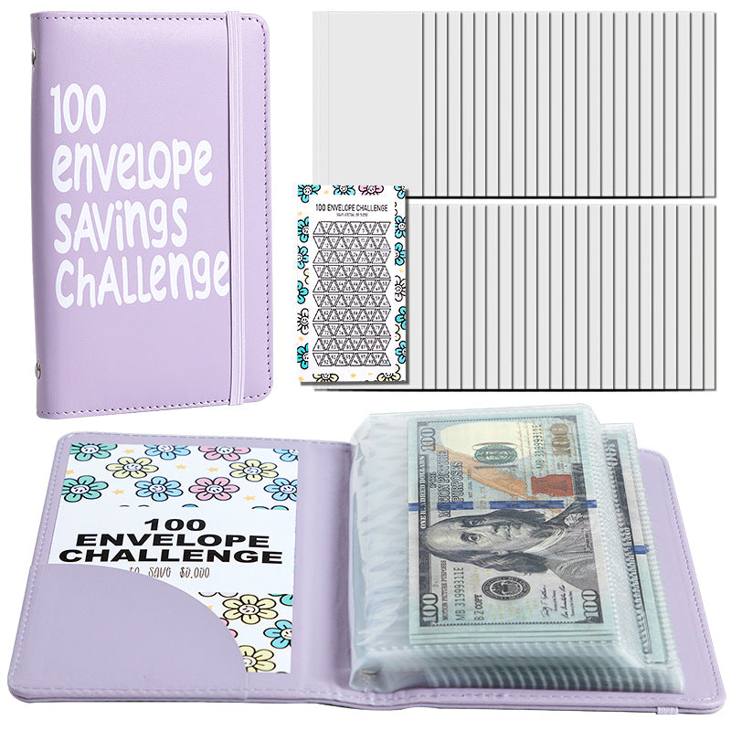 Purple 100 Days Envelope Savings Challenge with 50 Clear Double-Sided Pages - Portable A6 Size for Budgeting &amp; Financial Goals