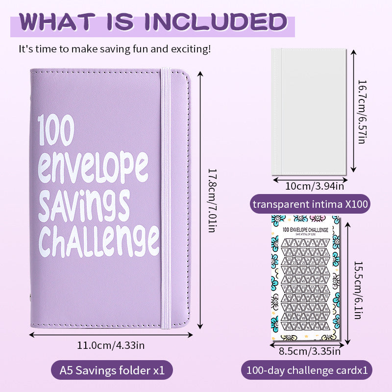 Purple 100 Days Envelope Savings Challenge with 50 Clear Double-Sided Pages - Portable A6 Size for Budgeting & Financial Goals