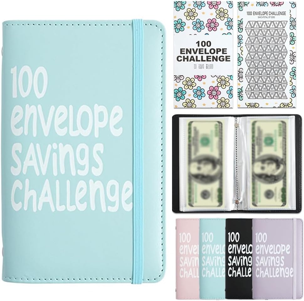 Blue 100 Days Envelope Savings Challenge with 50 Clear Double-Sided Pages - Portable A6 Size for Budgeting &amp; Financial Goals