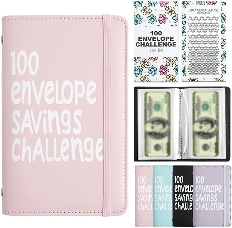 Pink 100 Days Envelope Savings Challenge with 50 Clear Double-Sided Pages - Portable A6 Size for Budgeting &amp; Financial Goals