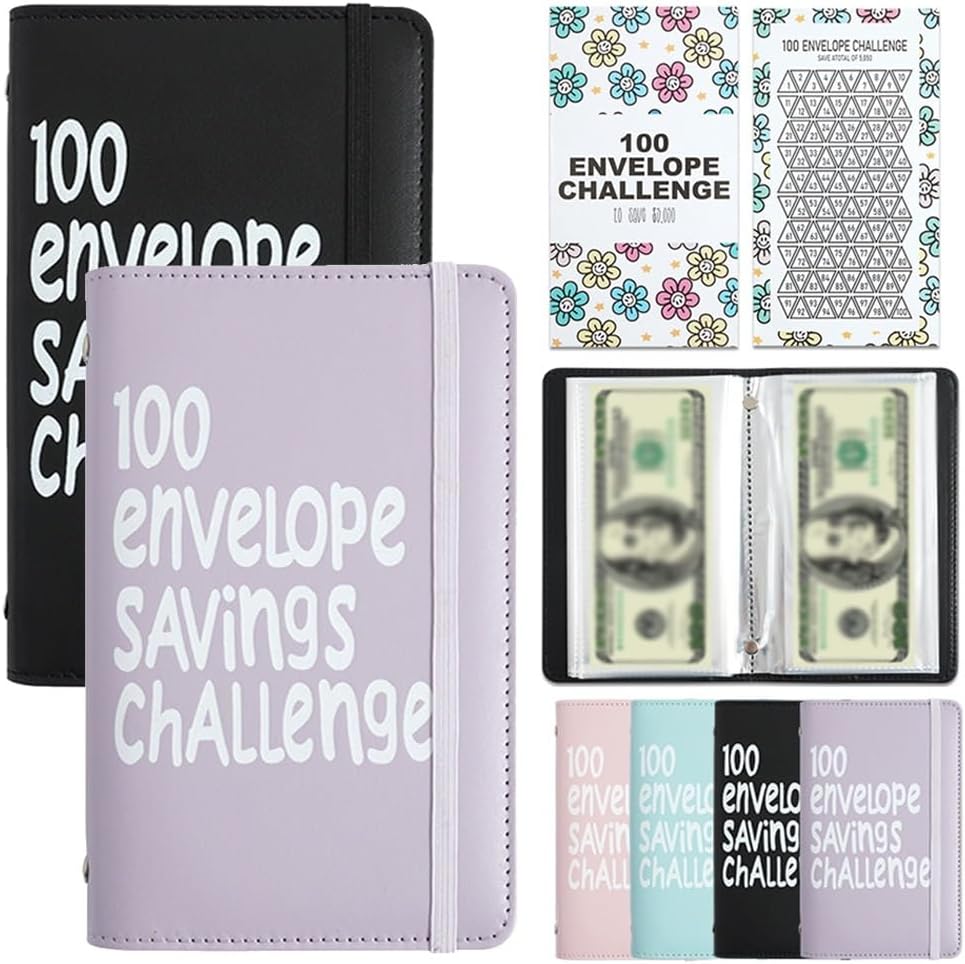 Two-Player 100 Days Envelope Savings Challenge with 50 Clear Double-Sided Pages - Portable A6 Size for Budgeting &amp; Financial Goals (Purple + Black)
