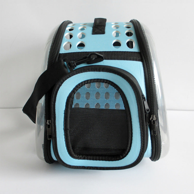 Blue Foldable Breathable Pet Carrier with Panoramic Window &amp; Strap - EVA &amp;  Lychee Leather Crossbody Travel Bag (L 42 x 33 x 28.5CM)