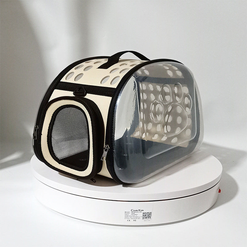 Beige Foldable Breathable Pet Carrier with Panoramic Window &amp; Strap - EVA &amp;  Lychee Leather Crossbody Travel Bag (S 35 x 20 x 22CM)